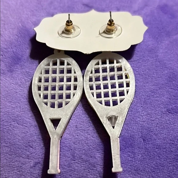 Tennis Racket Earrings with Green and Pink Accents - Picture 4 of 4